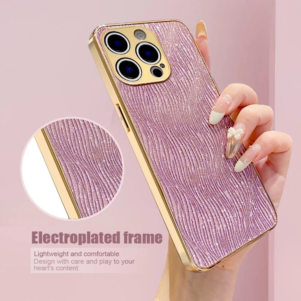 For iPhone 15 Pro Max Case Electroplating Ripple Texture PU + TPU + PC Phone Back Cover - Purple - 4