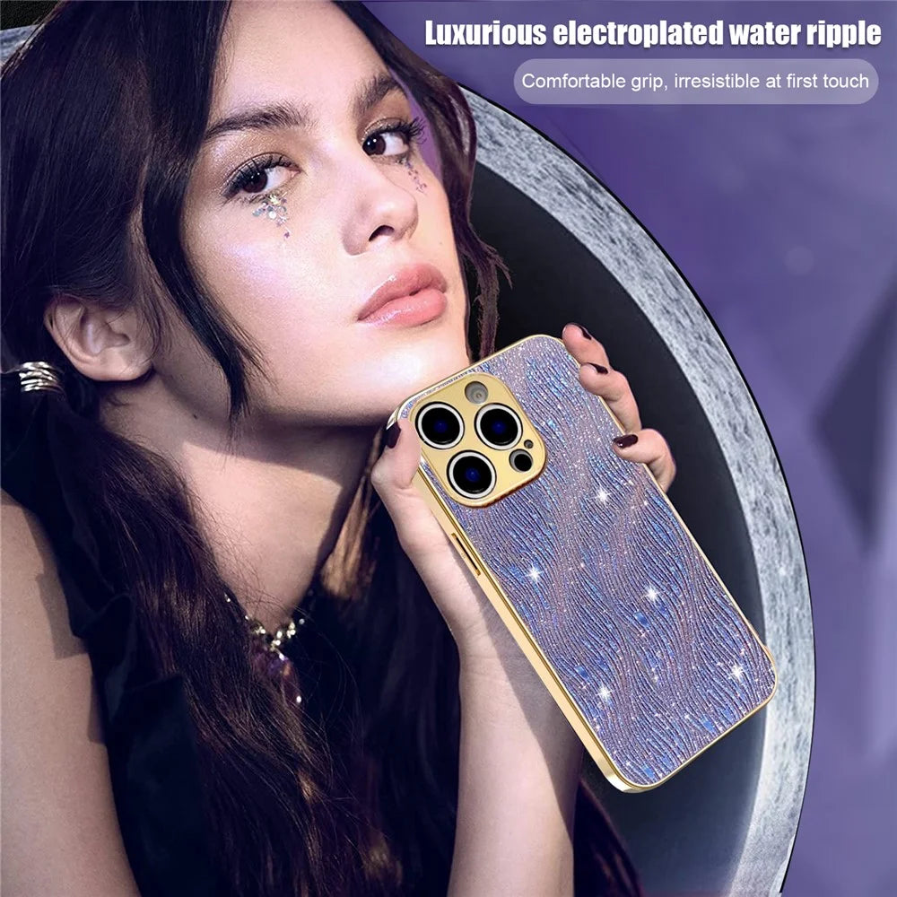 For iPhone 15 Pro Max Case Electroplating Ripple Texture PU + TPU + PC Phone Back Cover - Purple - 7