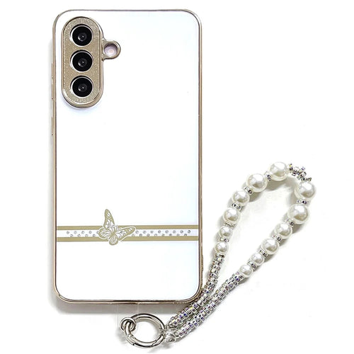 For Samsung Galaxy A56 5G Case with Wrist Strap Rhinestone Butterfly Decor Electroplated TPU + PC Phone Cover - White - 1