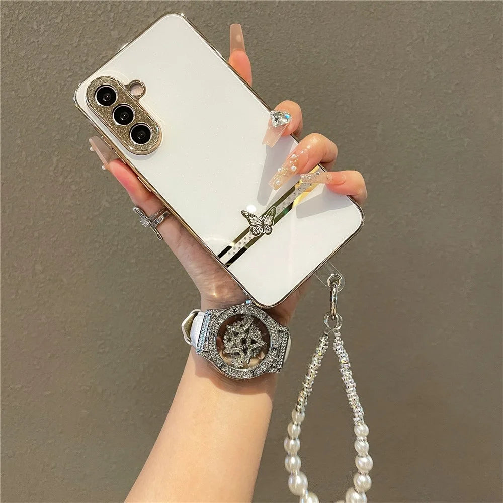 For Samsung Galaxy A56 5G Case with Wrist Strap Rhinestone Butterfly Decor Electroplated TPU + PC Phone Cover - White - 2