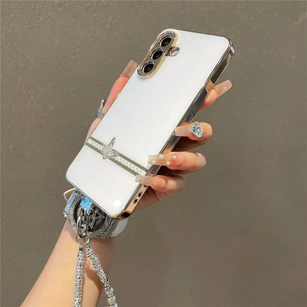 For Samsung Galaxy A56 5G Case with Wrist Strap Rhinestone Butterfly Decor Electroplated TPU + PC Phone Cover - White - 3
