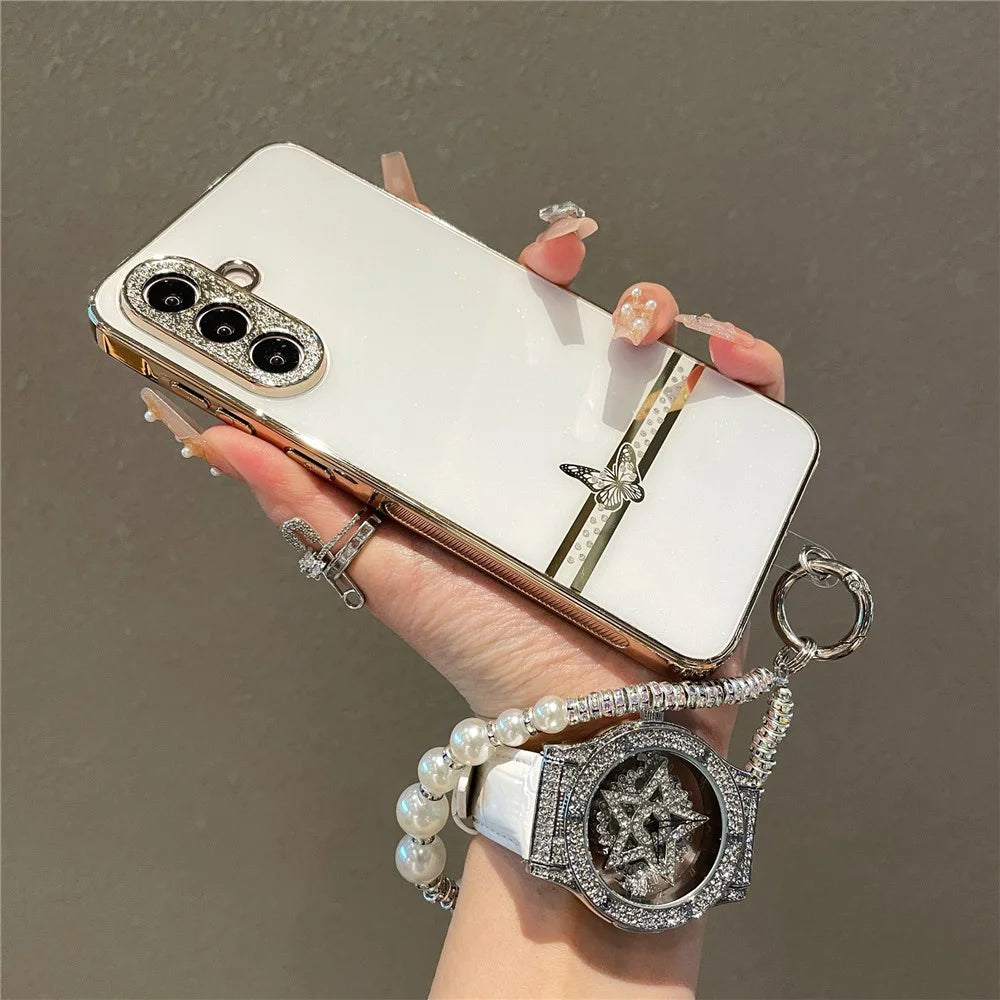 For Samsung Galaxy A56 5G Case with Wrist Strap Rhinestone Butterfly Decor Electroplated TPU + PC Phone Cover - White - 4