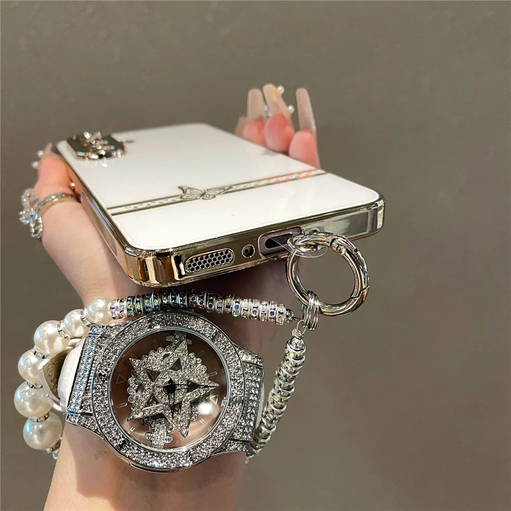 For Samsung Galaxy A56 5G Case with Wrist Strap Rhinestone Butterfly Decor Electroplated TPU + PC Phone Cover - White - 5