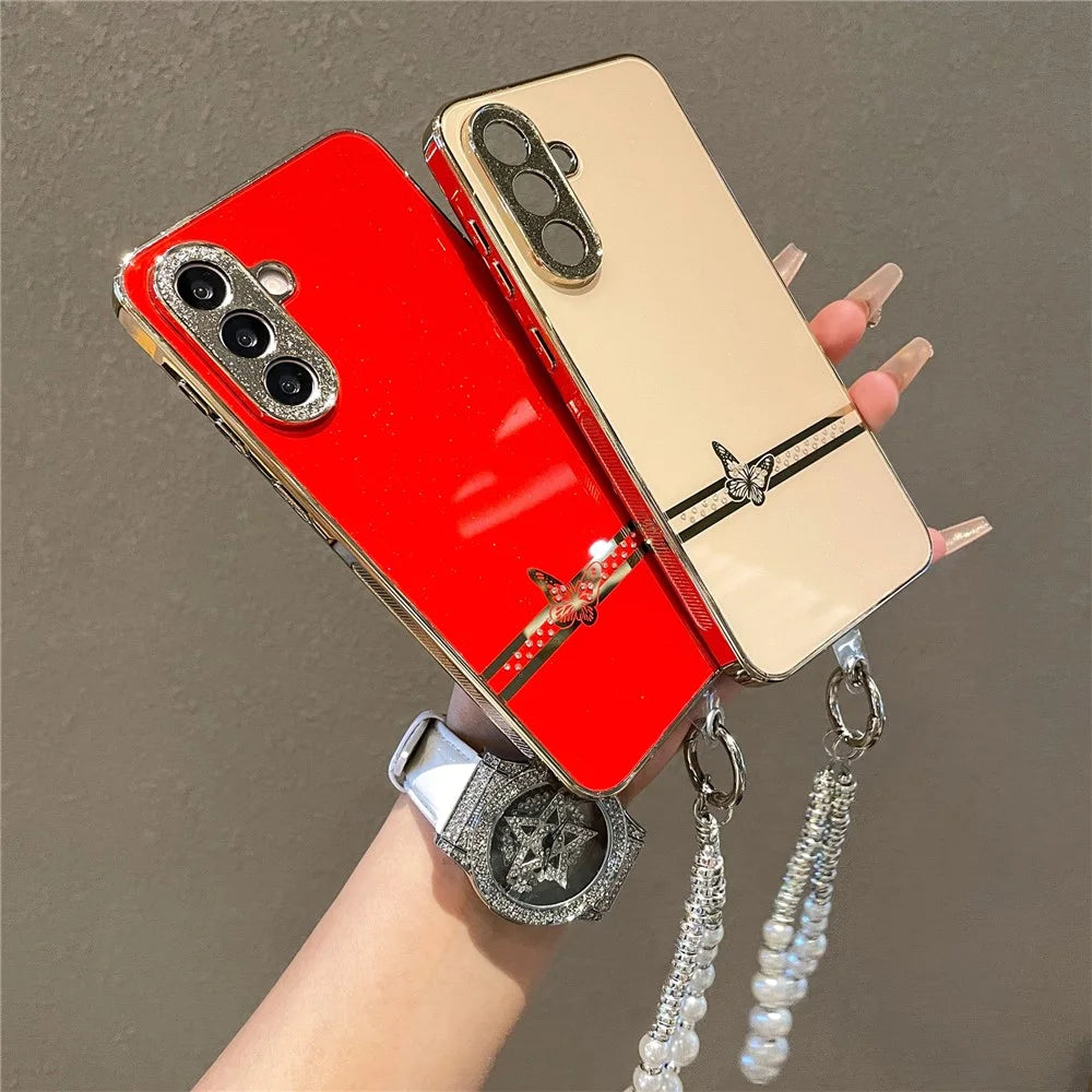 For Samsung Galaxy A56 5G Case with Wrist Strap Rhinestone Butterfly Decor Electroplated TPU + PC Phone Cover - White - 6