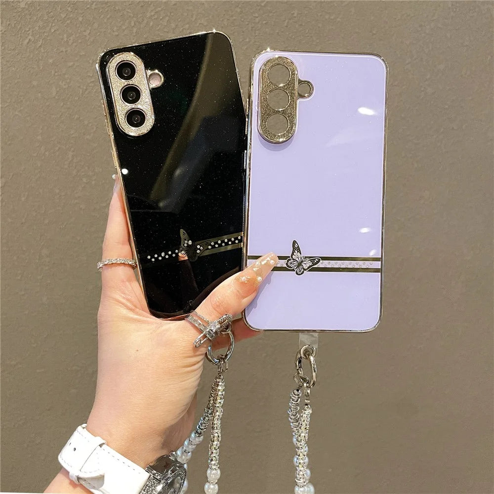 For Samsung Galaxy A56 5G Case with Wrist Strap Rhinestone Butterfly Decor Electroplated TPU + PC Phone Cover - White - 7