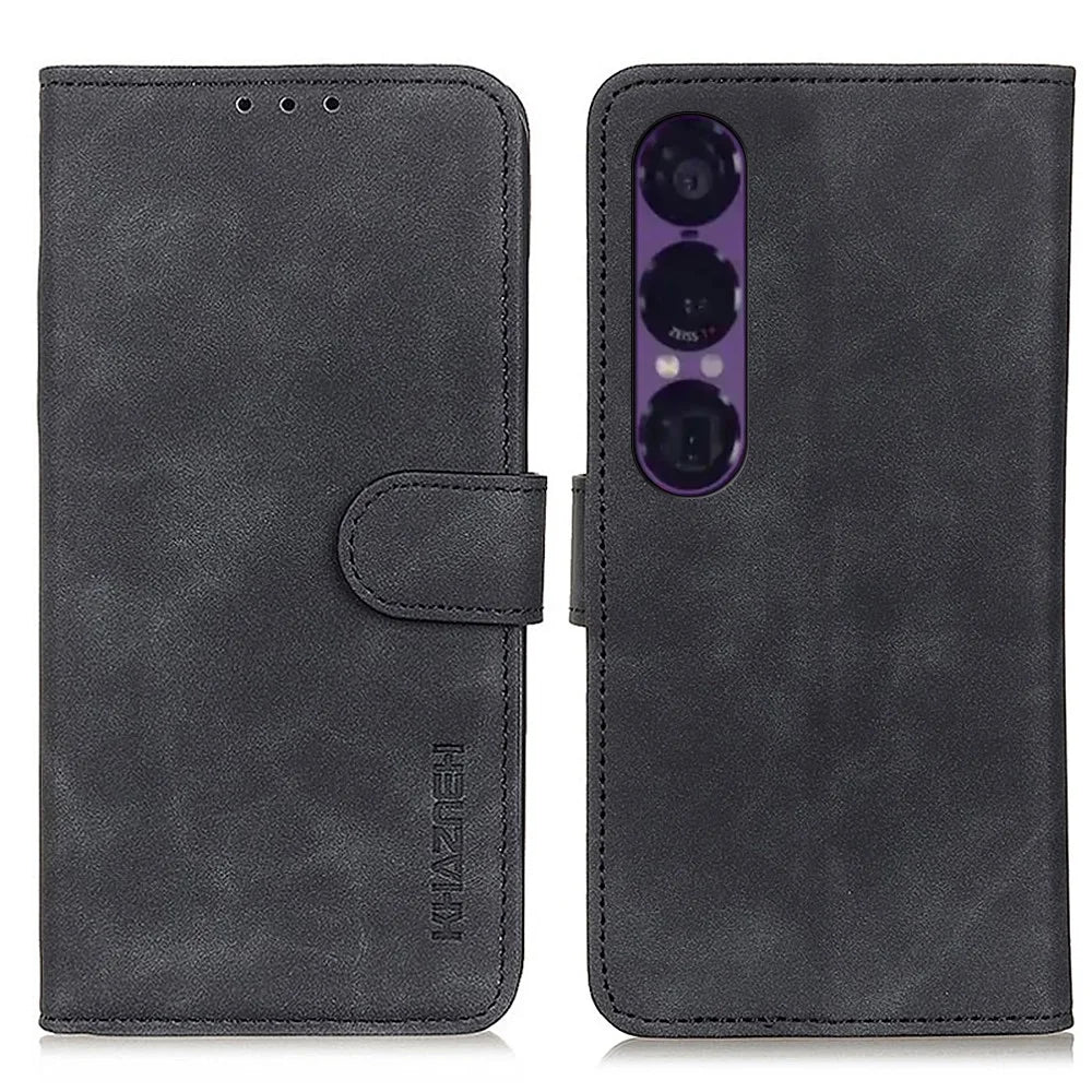 KHAZNEH For Sony Xperia 1 VII Case PU Leather Retro Texture Phone Cover - Black - 1