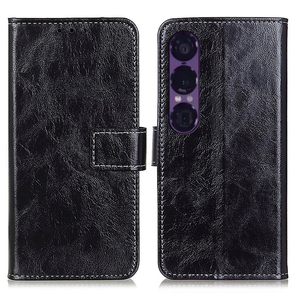 For Sony Xperia 1 VII Case Wallet Leather Phone Cover Crazy Horse Texture - Black - 1