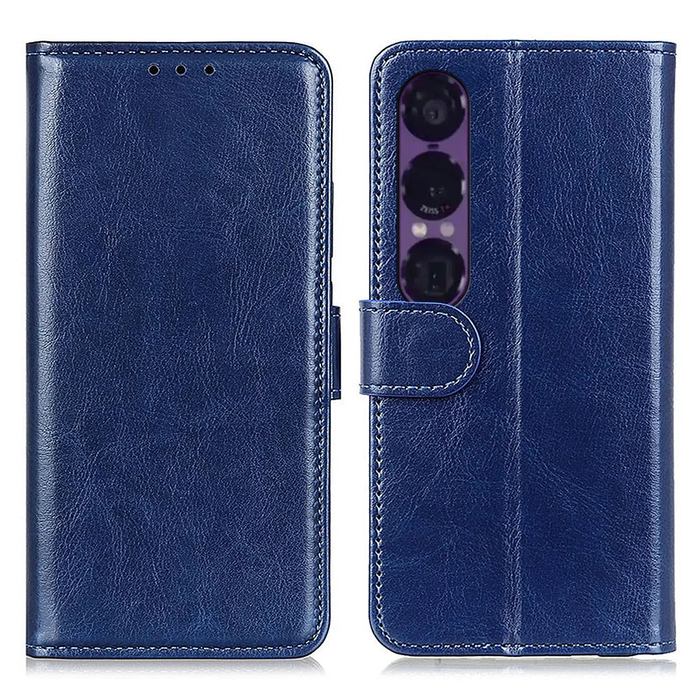 For Sony Xperia 1 VII Case Crazy Horse Texture PU Leather Phone Stand Cover - Blue - 1