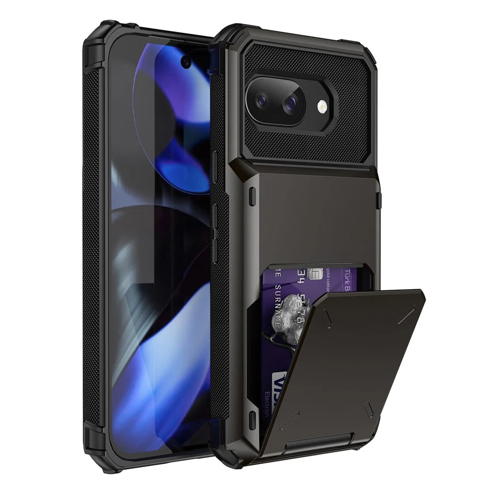 For Google Pixel 9a Case PC + TPU Dual Layer Back Phone Cover with Card Holder - Black - 1
