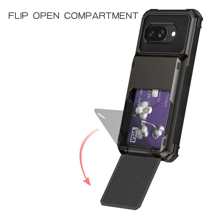 For Google Pixel 9a Case PC + TPU Dual Layer Back Phone Cover with Card Holder - Black - 3