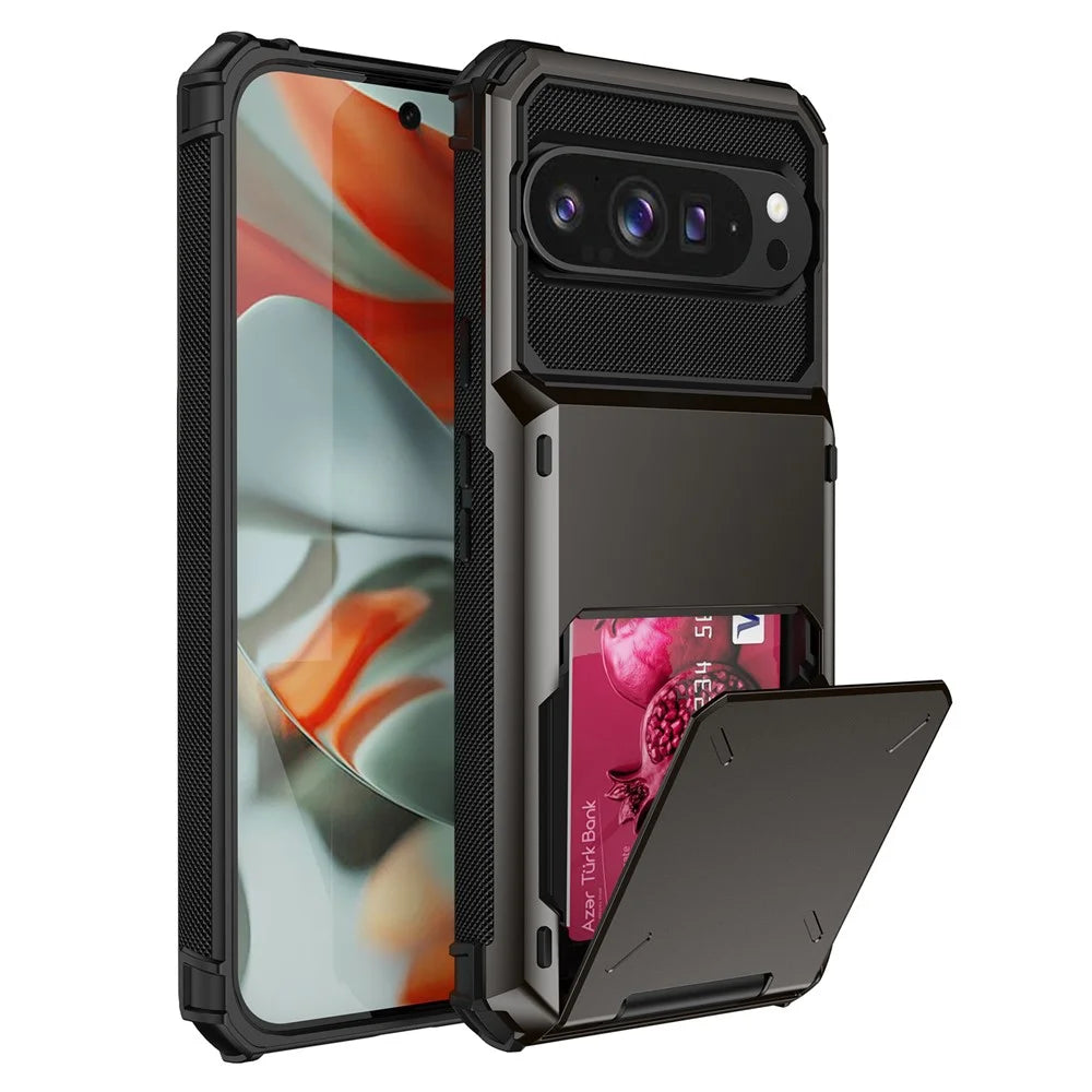 For Google Pixel 9 Pro XL Case PC + TPU Dual Layer Back Phone Cover with Card Holder - Black - 1