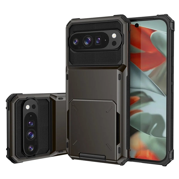 For Google Pixel 9 Pro XL Case PC + TPU Dual Layer Back Phone Cover with Card Holder - Black - 2