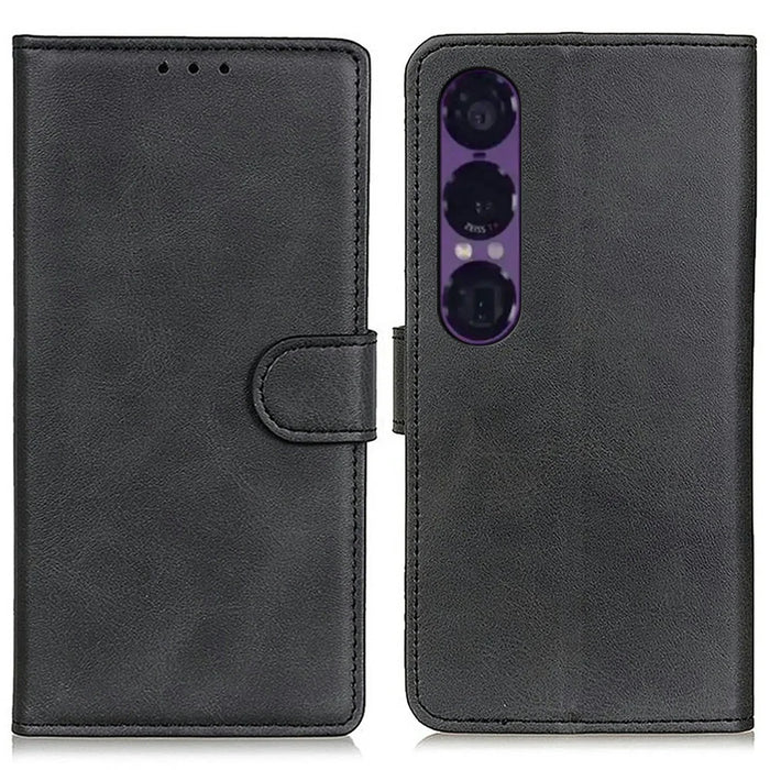 For Sony Xperia 1 VII Case Cowhide Texture Leather Wallet Stand Phone Cover - Black - 1