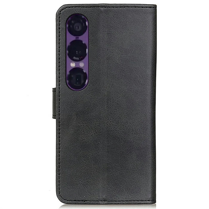 For Sony Xperia 1 VII Case Cowhide Texture Leather Wallet Stand Phone Cover - Black - 7