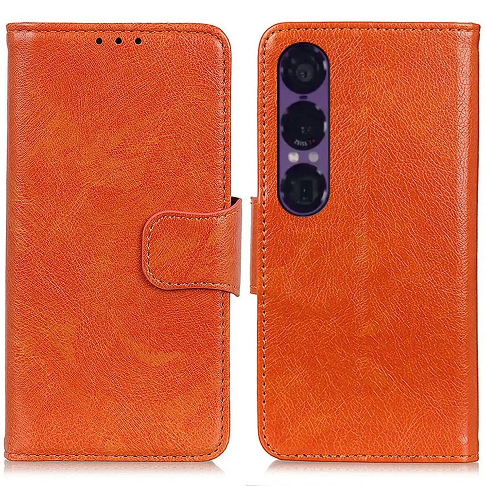 For Sony Xperia 1 VII Case Nappa Texture Split Leather Wallet Phone Cover - Orange - 1