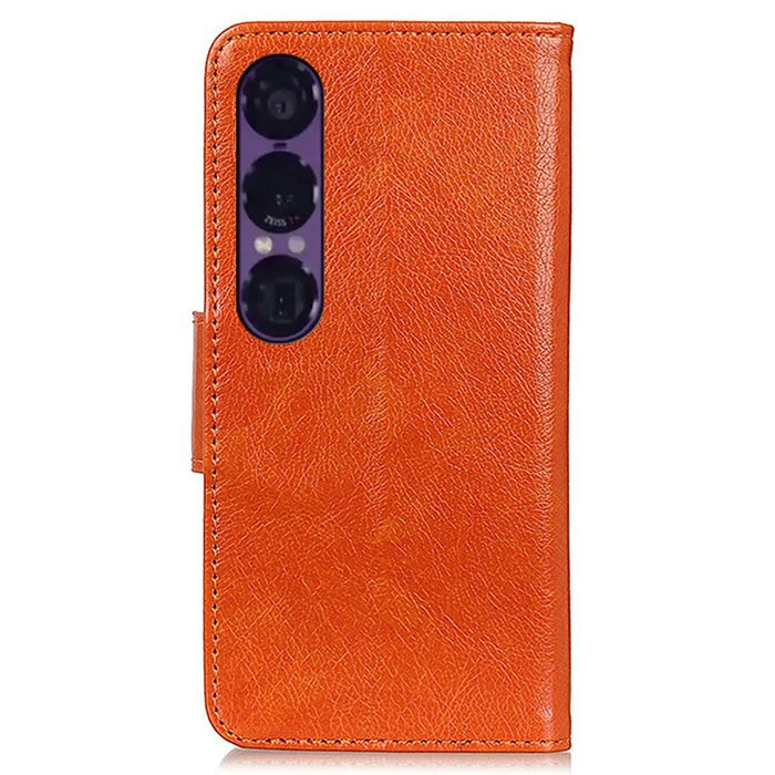 For Sony Xperia 1 VII Case Nappa Texture Split Leather Wallet Phone Cover - Orange - 7