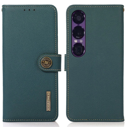 KHAZNEH for Sony Xperia 1 VII Case Genuine Cow Leather RFID Blocking Wallet Phone Cover - Green - 1