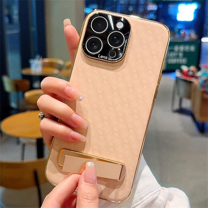 For iPhone 15 Pro Case PU Leather + PC Electroplated Phone Cover with Kickstand - 2
