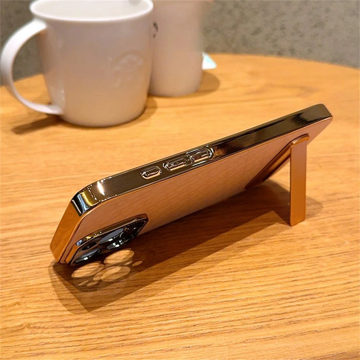 For iPhone 15 Pro Case PU Leather + PC Electroplated Phone Cover with Kickstand - 5