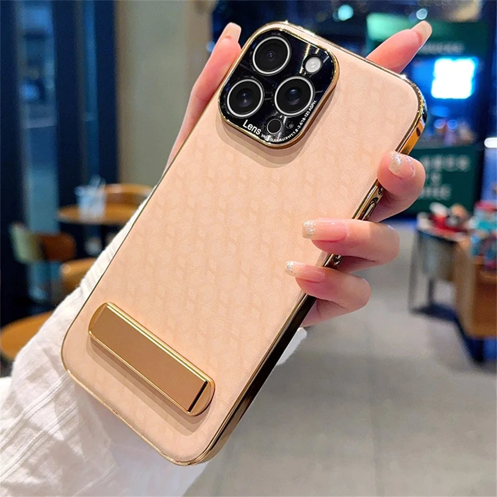 For iPhone 16 Pro Case PU Leather + PC Electroplated Phone Cover with Kickstand - 1