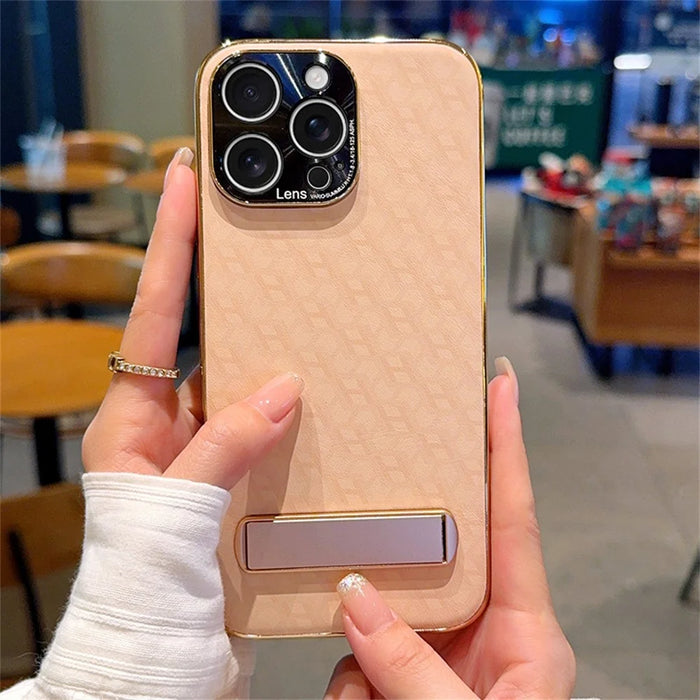 For iPhone 16 Pro Case PU Leather + PC Electroplated Phone Cover with Kickstand - 4