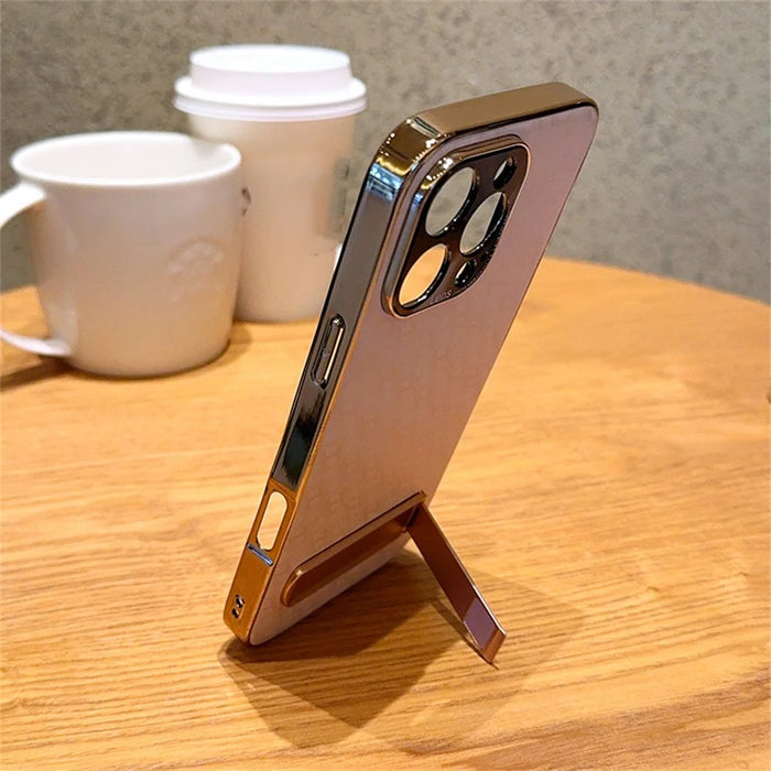 For iPhone 16 Pro Case PU Leather + PC Electroplated Phone Cover with Kickstand - 6