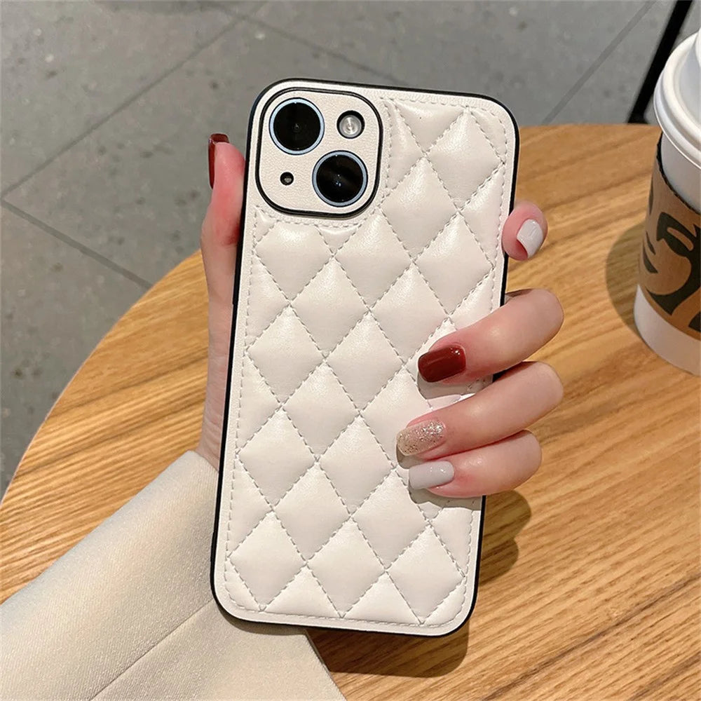 For iPhone 15 Case Rhombus Stitching PU Leather + TPU Shockproof Phone Cover - White - 1