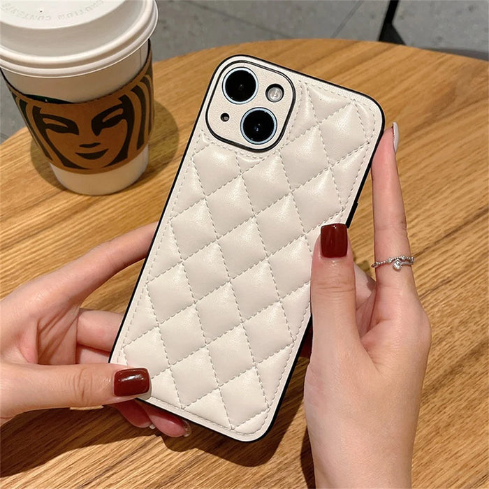 For iPhone 15 Case Rhombus Stitching PU Leather + TPU Shockproof Phone Cover - White - 2