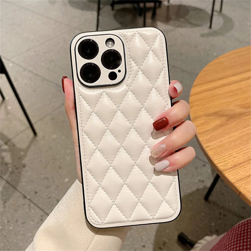 For iPhone 15 Pro Case Rhombus Stitching PU Leather + TPU Shockproof Phone Cover - White - 1
