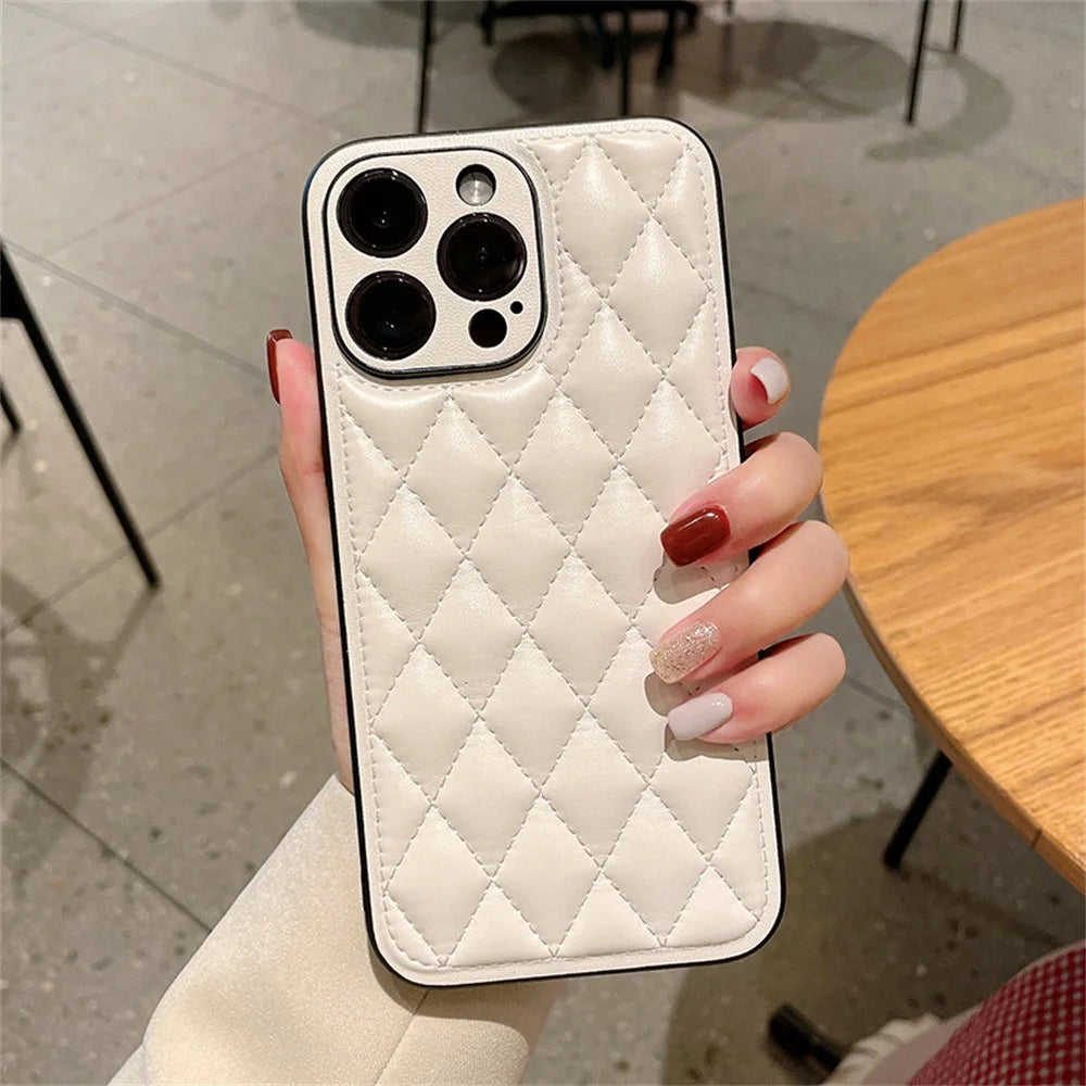 For iPhone 15 Pro Case Rhombus Stitching PU Leather + TPU Shockproof Phone Cover - White - 1