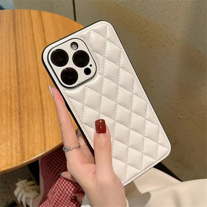 For iPhone 15 Pro Case Rhombus Stitching PU Leather + TPU Shockproof Phone Cover - White - 4