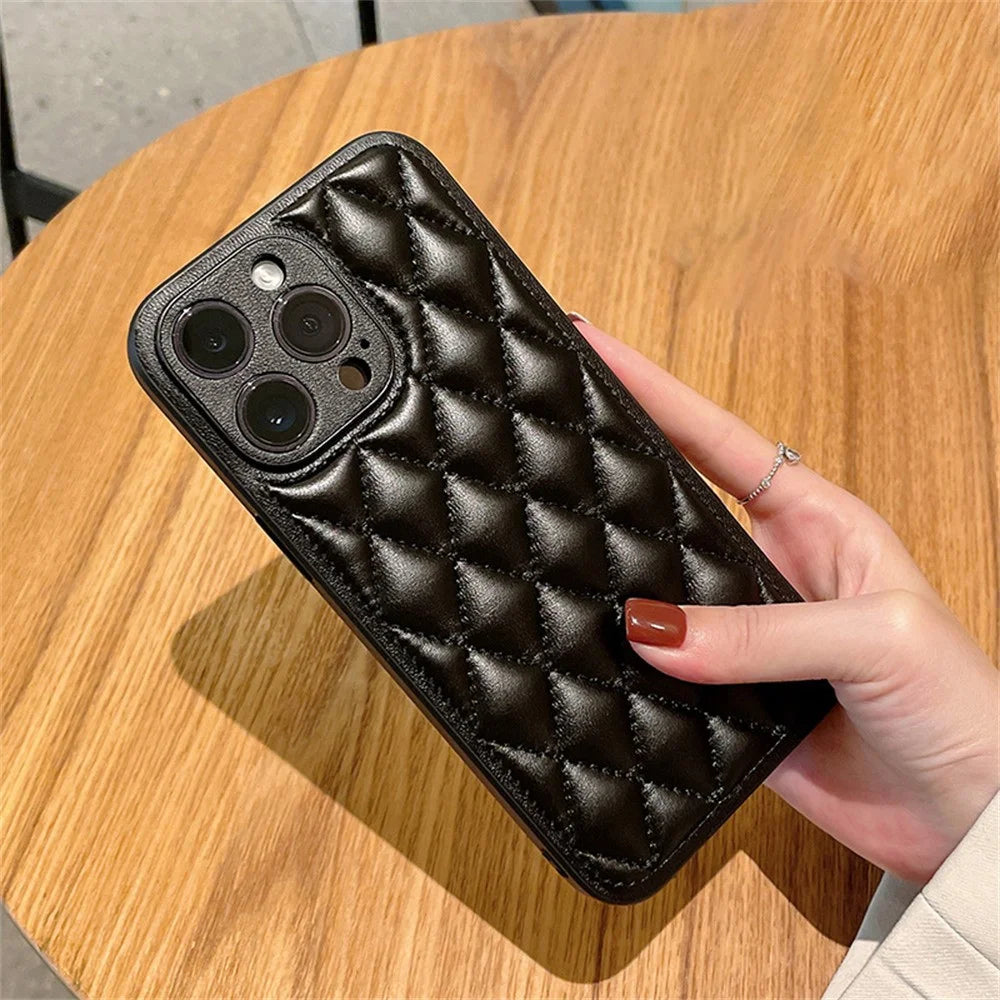 For iPhone 15 Pro Max Case Rhombus Stitching PU Leather + TPU Shockproof Phone Cover - Black - 1