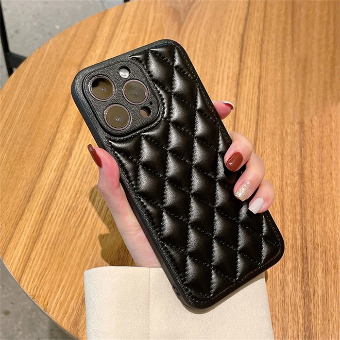 For iPhone 15 Pro Max Case Rhombus Stitching PU Leather + TPU Shockproof Phone Cover - Black - 2