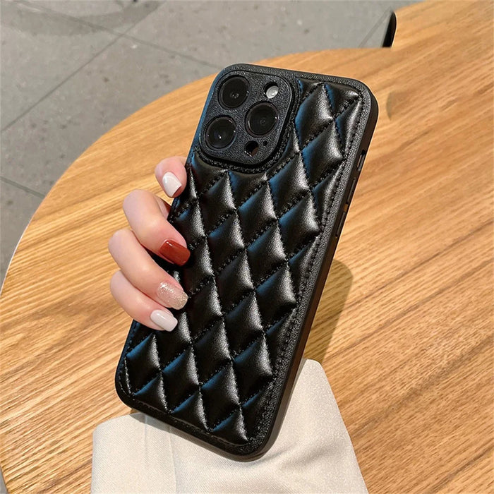 For iPhone 15 Pro Max Case Rhombus Stitching PU Leather + TPU Shockproof Phone Cover - Black - 3