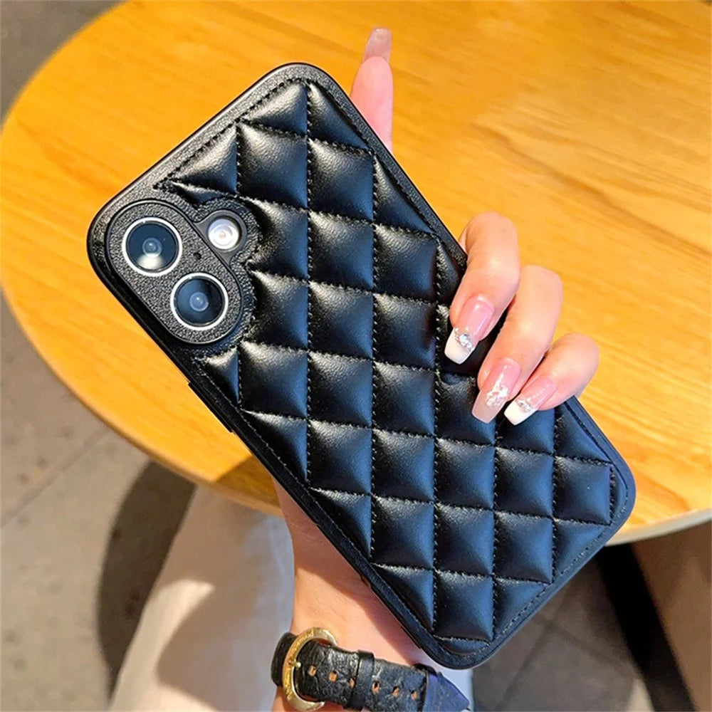 For iPhone 16 Case Rhombus Stitching PU Leather + TPU Shockproof Phone Cover - Black - 1