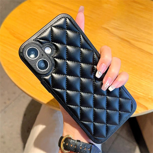 For iPhone 16 Case Rhombus Stitching PU Leather + TPU Shockproof Phone Cover - Black - 1