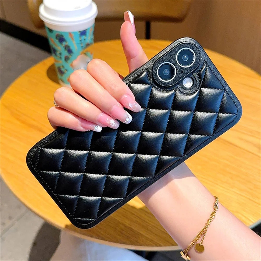 For iPhone 16 Case Rhombus Stitching PU Leather + TPU Shockproof Phone Cover - Black - 2