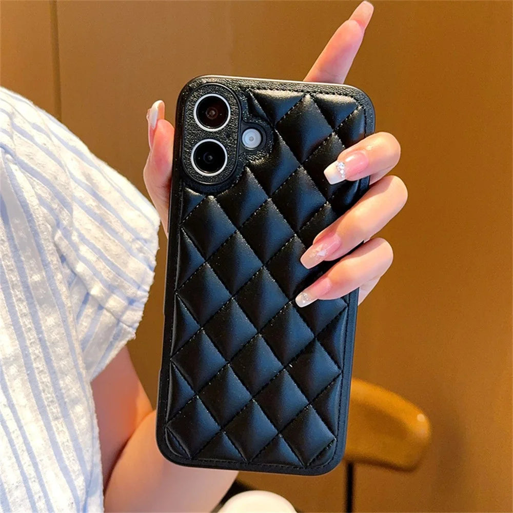 For iPhone 16 Case Rhombus Stitching PU Leather + TPU Shockproof Phone Cover - Black - 3
