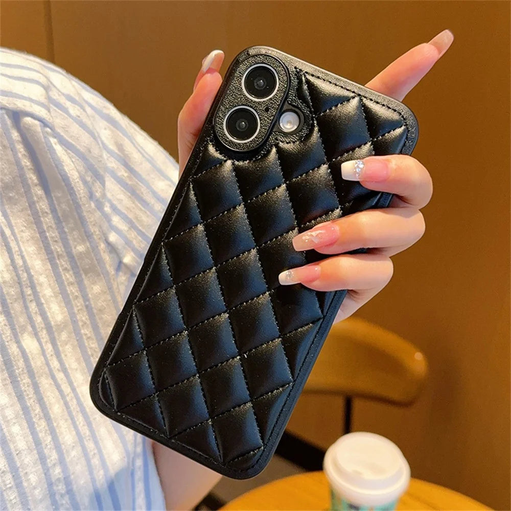 For iPhone 16 Case Rhombus Stitching PU Leather + TPU Shockproof Phone Cover - Black - 4