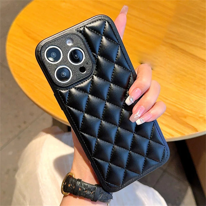 For iPhone 16 Pro Case Rhombus Stitching PU Leather + TPU Shockproof Phone Cover - Black - 1