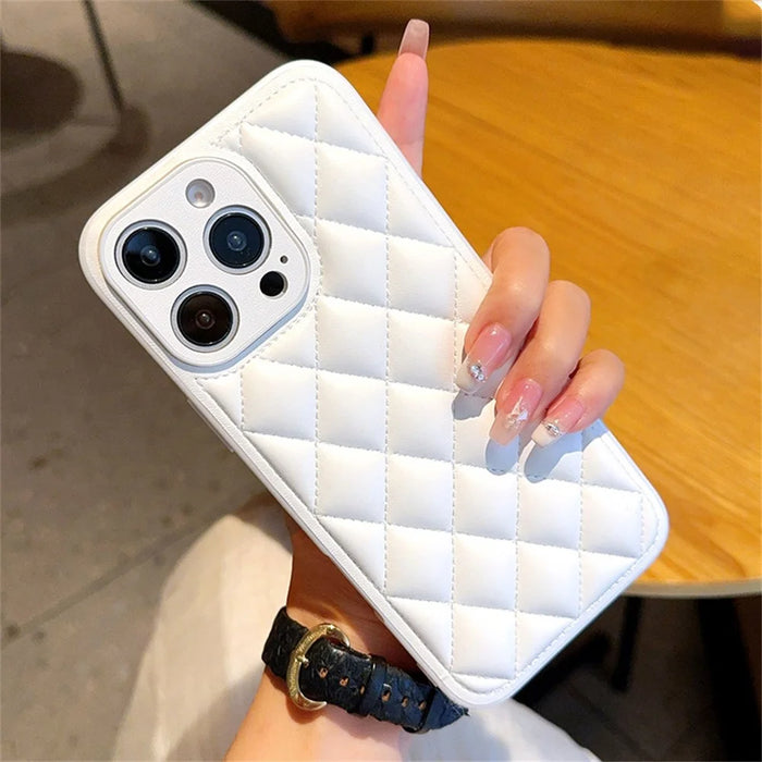 For iPhone 16 Pro Max Case Rhombus Stitching PU Leather + TPU Shockproof Phone Cover - White - 1