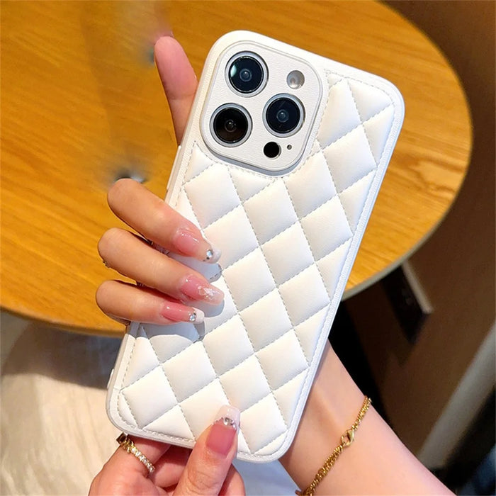 For iPhone 16 Pro Max Case Rhombus Stitching PU Leather + TPU Shockproof Phone Cover - White - 2