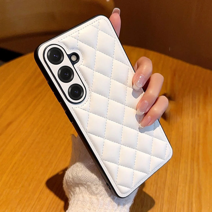 For Samsung Galaxy S25+ Case Rhombus Stitching PU Leather + TPU Shockproof Phone Cover - White - 1