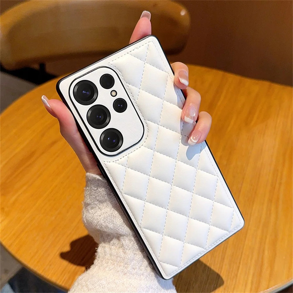 For Samsung Galaxy S25 Ultra Case Rhombus Stitching PU Leather + TPU Shockproof Phone Cover - White - 1