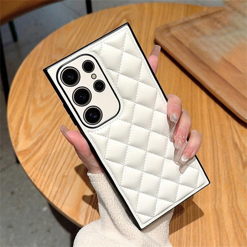 For Samsung Galaxy S24 Ultra Case Rhombus Stitching PU Leather + TPU Shockproof Phone Cover - White - 1
