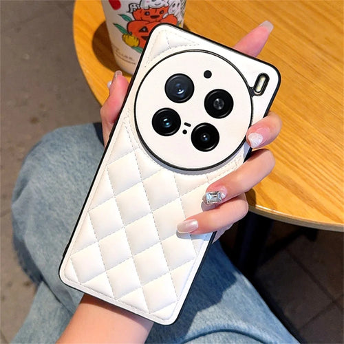 For vivo X200 Pro 5G Case Rhombus Stitching PU Leather + TPU Shockproof Phone Cover - White - 1