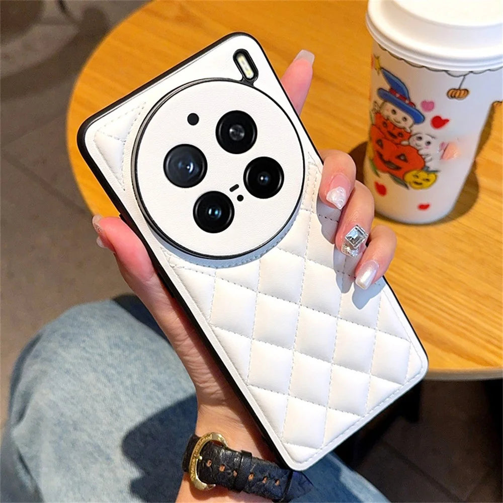For vivo X200 Pro 5G Case Rhombus Stitching PU Leather + TPU Shockproof Phone Cover - White - 2