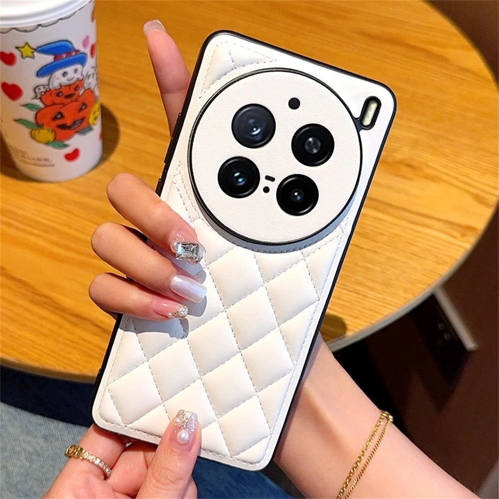 For vivo X200 Pro 5G Case Rhombus Stitching PU Leather + TPU Shockproof Phone Cover - White - 3
