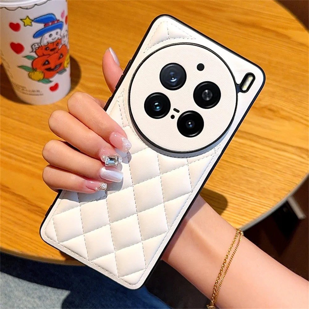 For vivo X200 Pro 5G Case Rhombus Stitching PU Leather + TPU Shockproof Phone Cover - White - 4