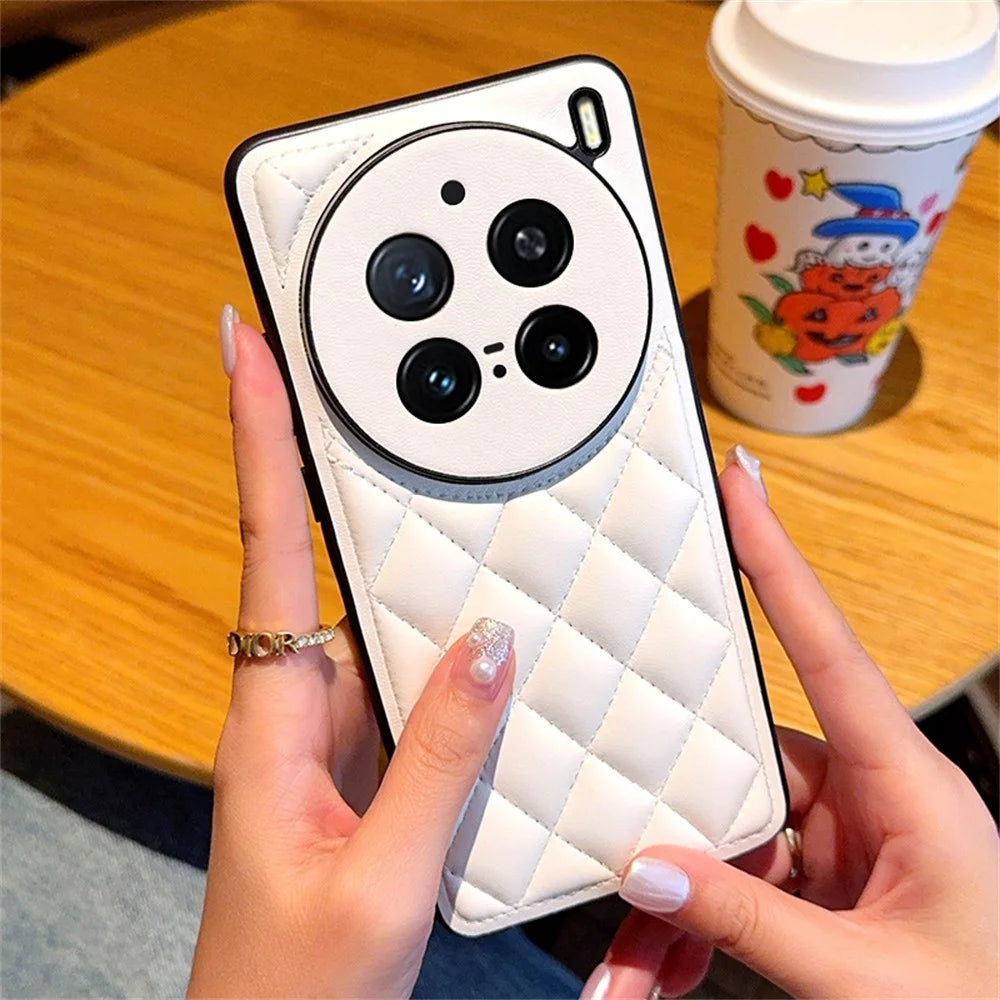 For vivo X200 Pro 5G Case Rhombus Stitching PU Leather + TPU Shockproof Phone Cover - White - 5